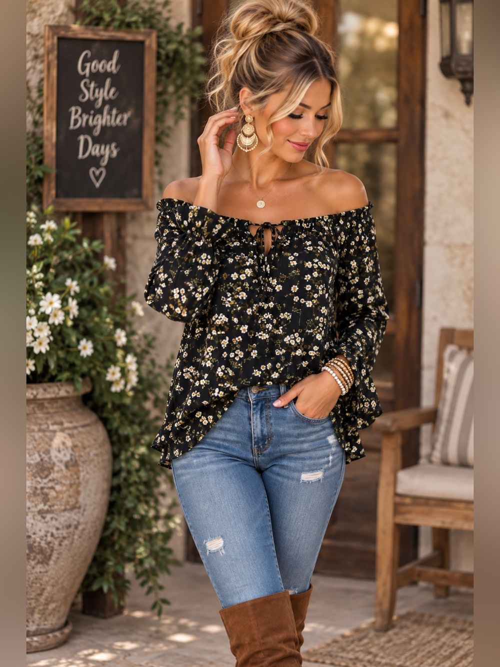 Belle + Sky Black Ditsy Floral Off Shoulder Boho Blouse Bell Sleeve M